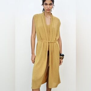 NWT Zara Woman LONG KNIT JACKET WITH LINEN Sweater Vest Size S Small